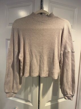 SO Cropped Ribbed Mock-Neck Sweater - Light Beige